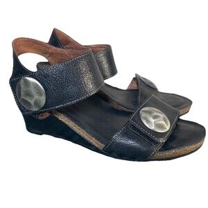 Taos Sandals Carousel 2 Wedge Heels Black Leather Open Toe Womens Sz 37 US 6.5‎